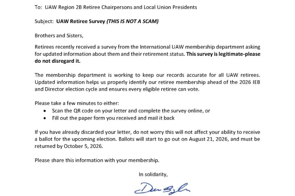 Retiree Survey Letter from Region 2B